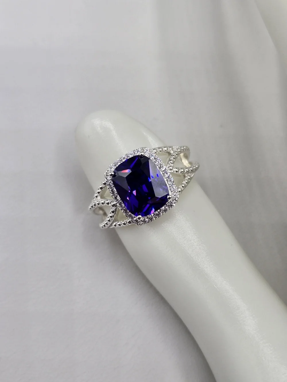 Swarovski Silver Ring with Deep Violet Cushion Crystal and Halo